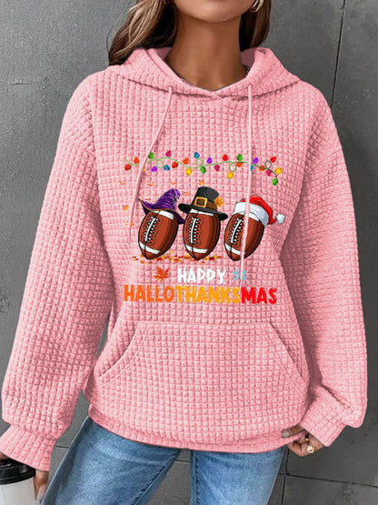 Women's Happy Hallothanksmas Football Waffle Hoodie