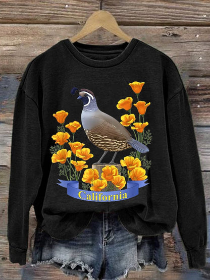 Women's California Valley Quail State Bird Golden Poppy Flowers Print Crew Neck Sweatshirt