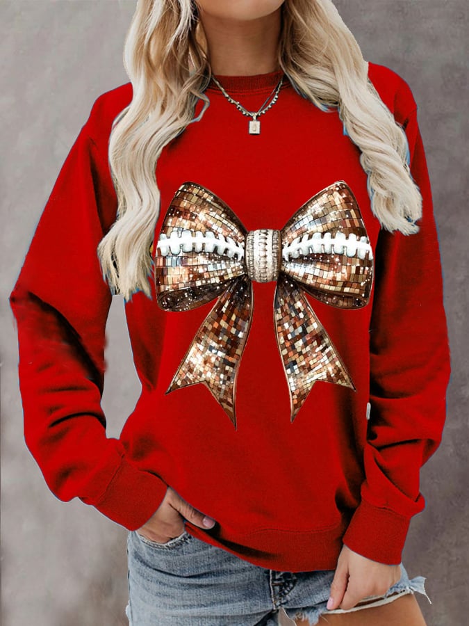 Women's Sequin Bow Rugby Print Casual Sweatshirt