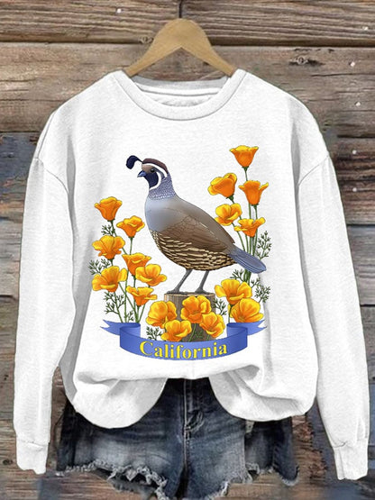 Women's California Valley Quail State Bird Golden Poppy Flowers Print Crew Neck Sweatshirt