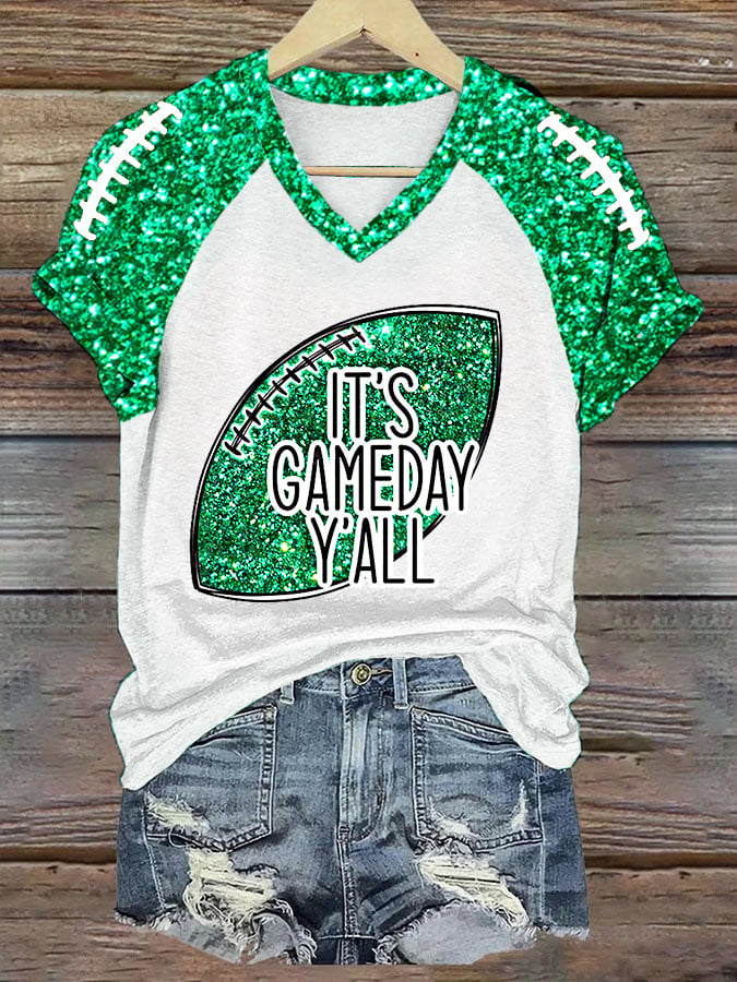 Women's It's Gameday Y'all Glitter Print Football Fans Casual V-Neck Tee