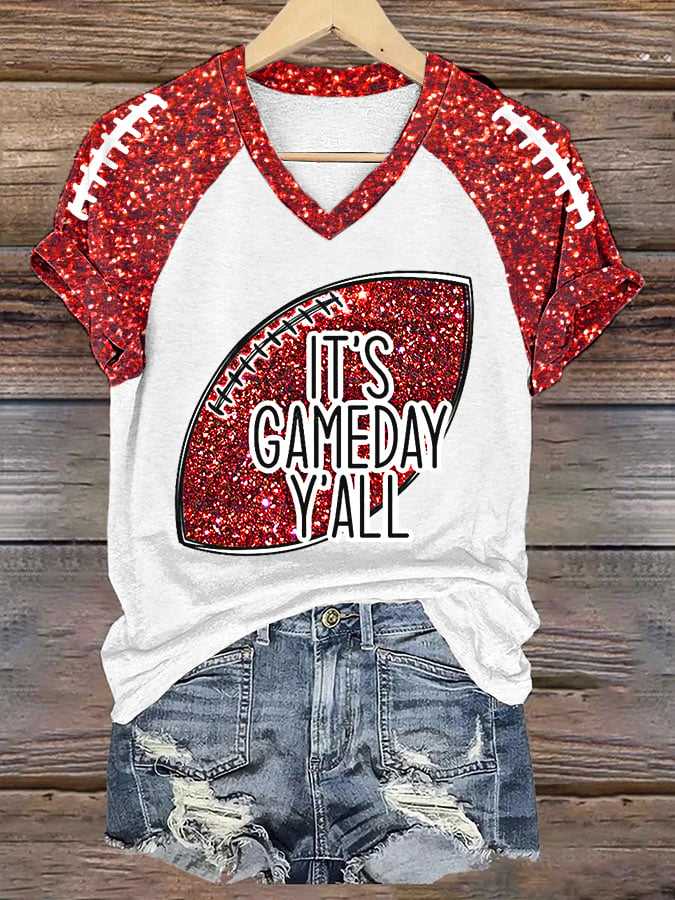 Women's It's Gameday Y'all Glitter Print Football Fans Casual V-Neck Tee