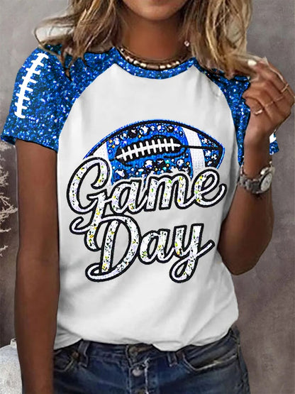 Women's Football Fans Gameday Glitter Print Casual Tee