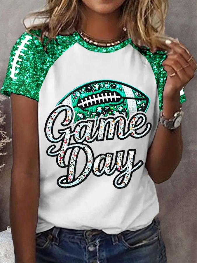 Women's Football Fans Gameday Glitter Print Casual Tee