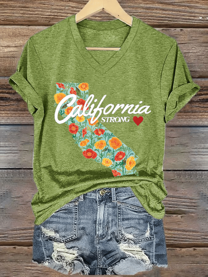 Women's California Strong Print V-Neck T-Shirt