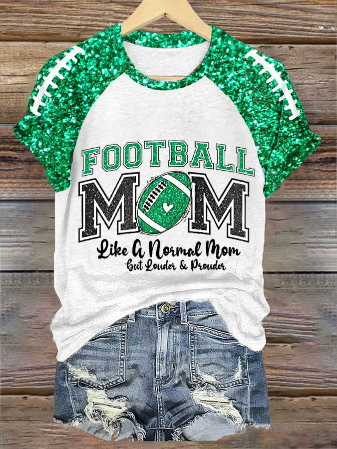 Women's Glitter Football Print Football Mom Gameday Casual Tee