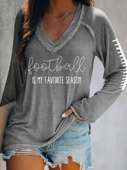 Women's Football Is My Favourite Season Printed V-neck T-shirt