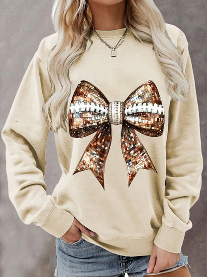 Women's Sequin Bow Rugby Print Casual Sweatshirt