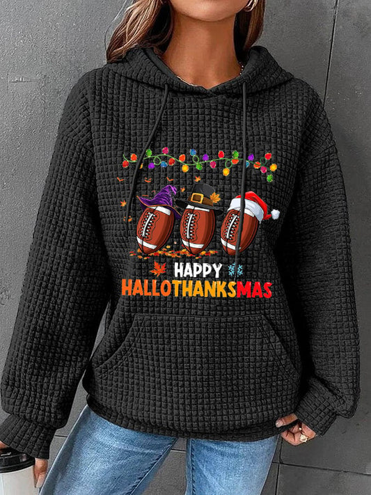 Women's Happy Hallothanksmas Football Waffle Hoodie