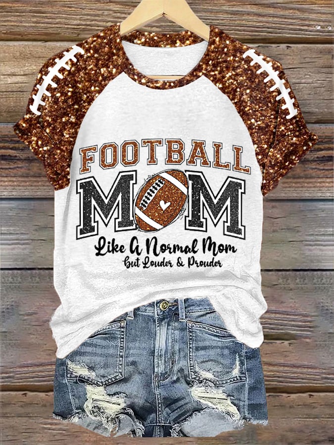 Women's Glitter Football Print Football Mom Gameday Casual Tee