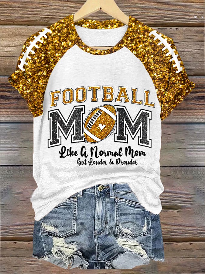 Women's Glitter Football Print Football Mom Gameday Casual Tee