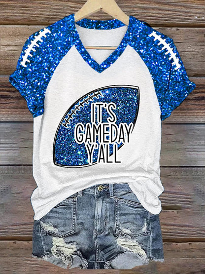 Women's It's Gameday Y'all Glitter Print Football Fans Casual V-Neck Tee