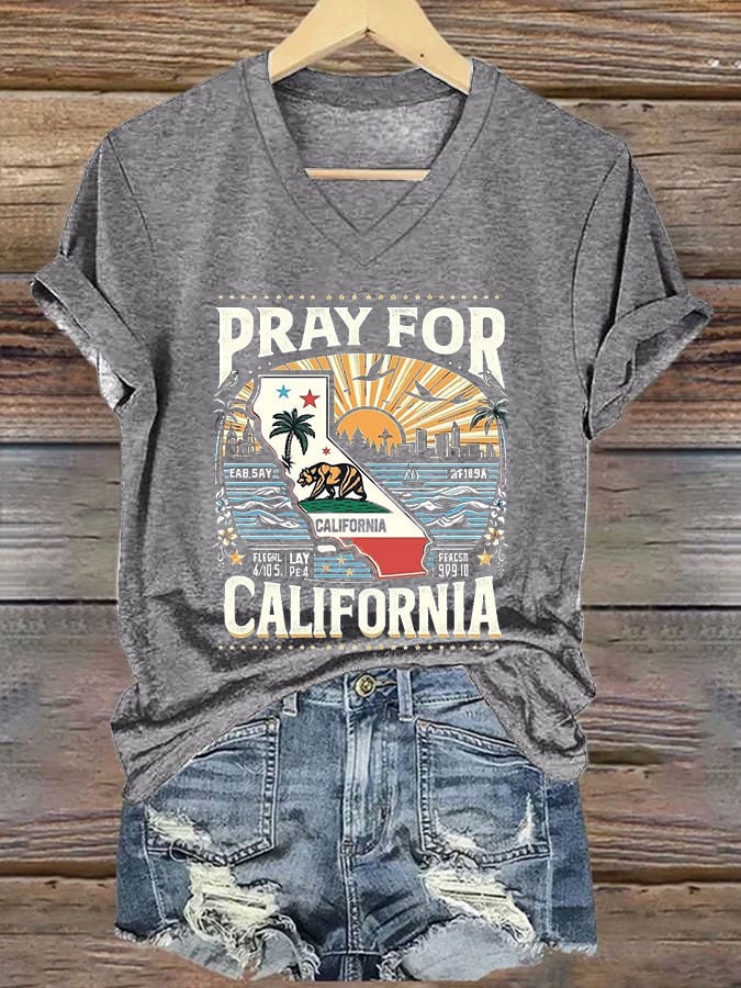 Women's Pray For California Printed V-Neck T-Shirt