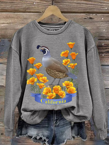 Women's California Valley Quail State Bird Golden Poppy Flowers Print Crew Neck Sweatshirt