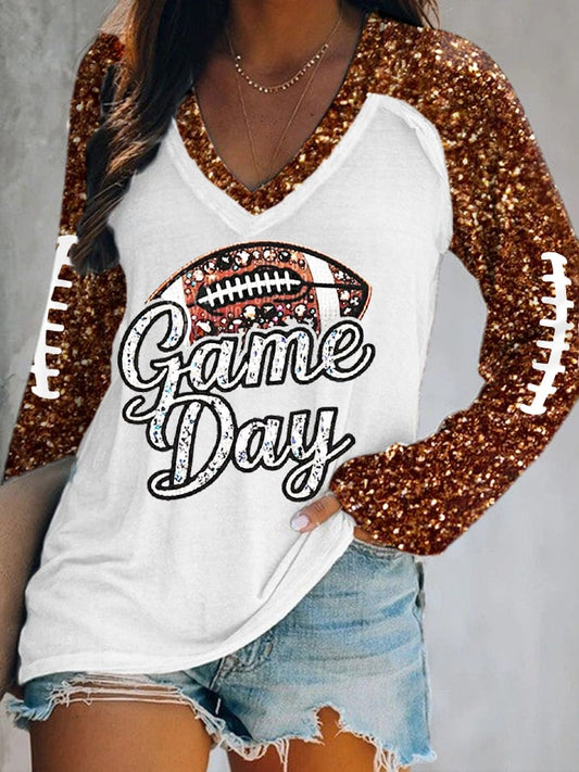 Women's Football Fans Gameday Glitter Print Casual Long-Sleeve Top