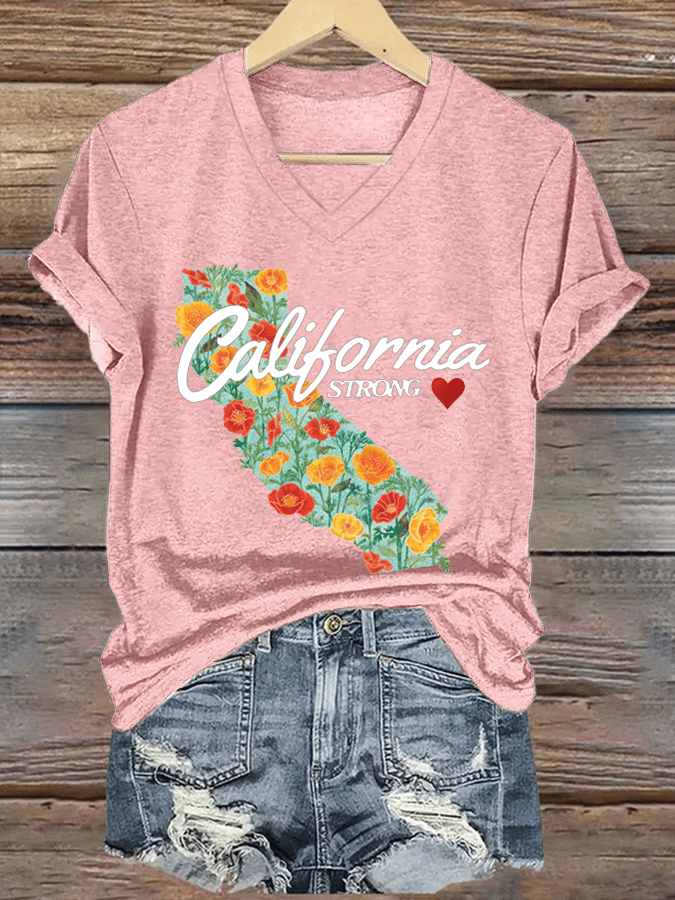 Women's California Strong Print V-Neck T-Shirt