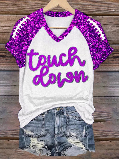 Women's Football Fans Gameday Touchdown Glitter Print Casual V-Neck Tee