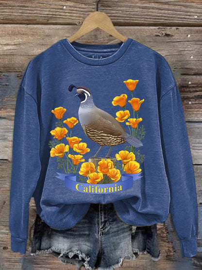 Women's California Valley Quail State Bird Golden Poppy Flowers Print Crew Neck Sweatshirt