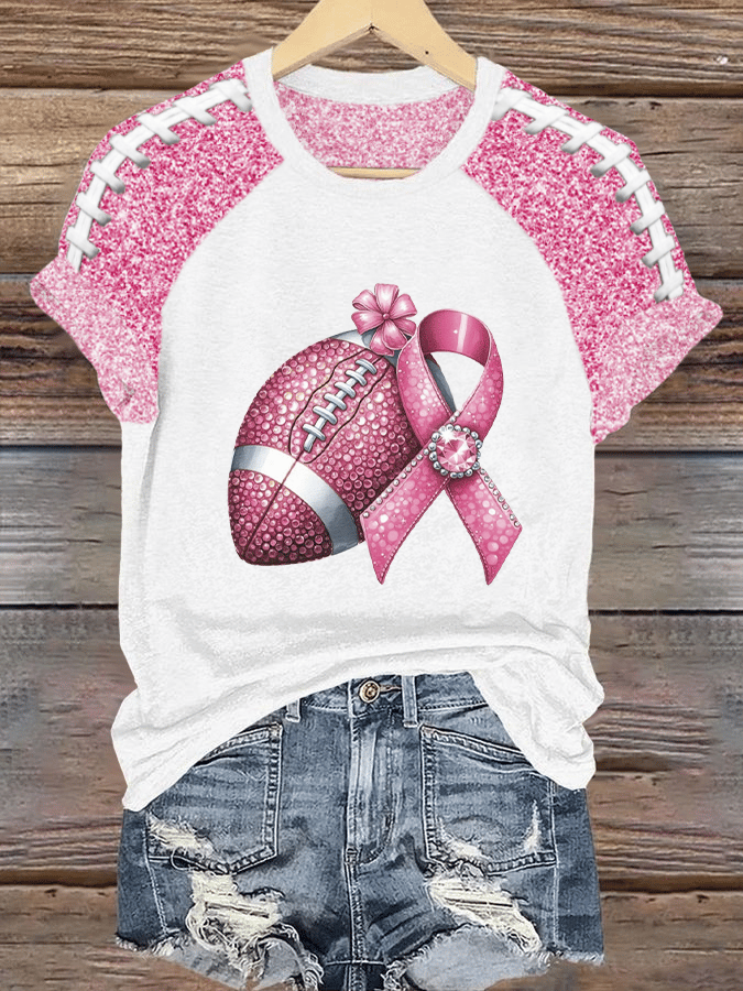 Womens Pink Ribbon Rugby Breast Cancer Awareness Print Crew Neck Raglan Short Sleeve T-Shirt