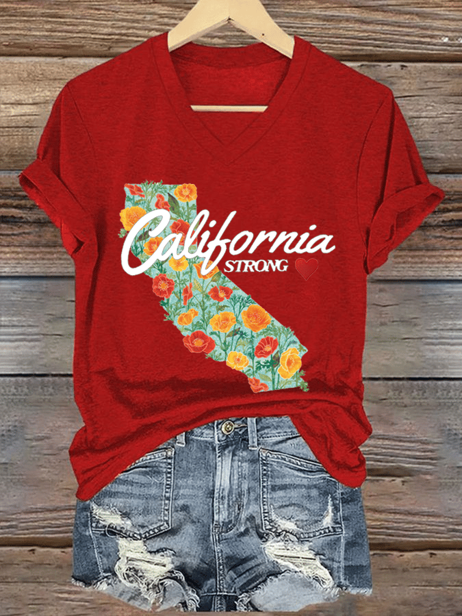 Women's California Strong Print V-Neck T-Shirt