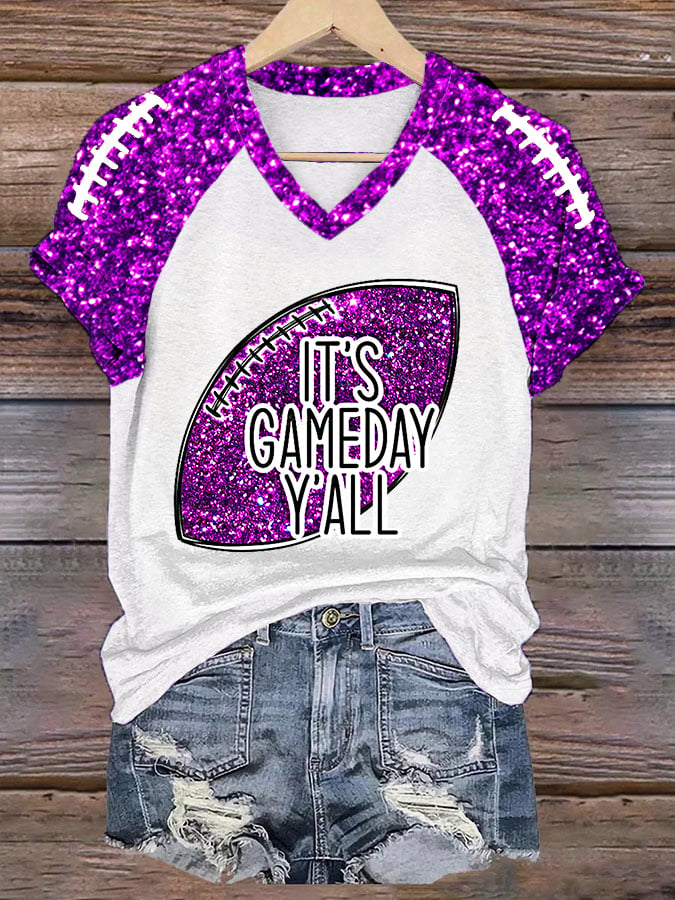 Women's It's Gameday Y'all Glitter Print Football Fans Casual V-Neck Tee