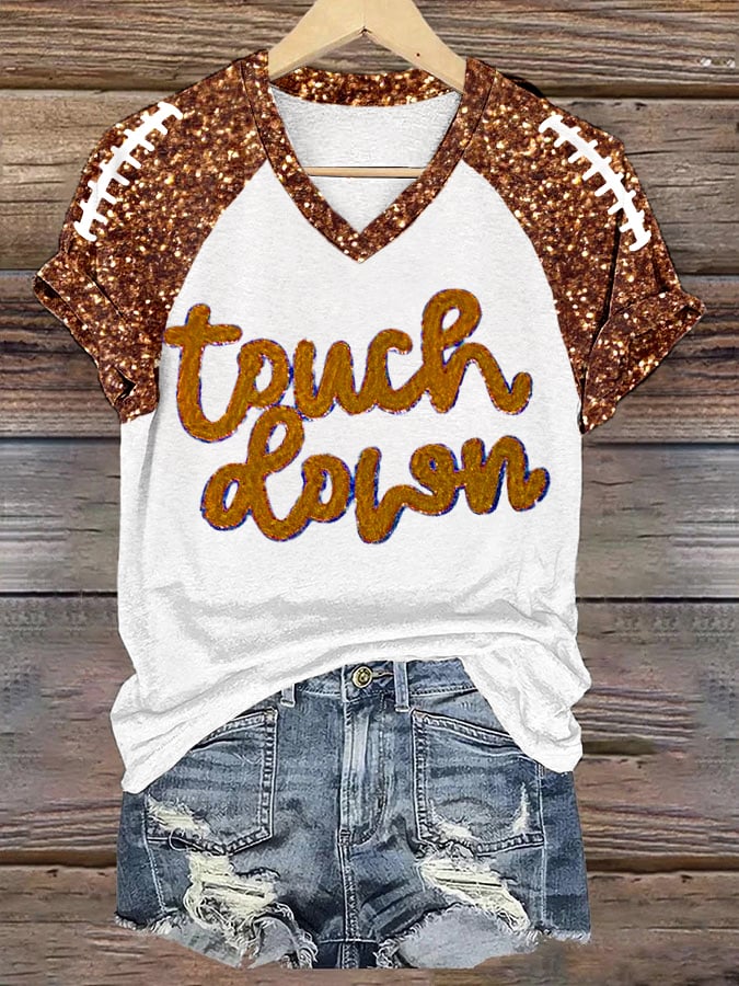 Women's Football Fans Gameday Touchdown Glitter Print Casual V-Neck Tee