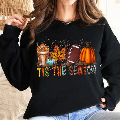 🔥Buy 2 Get 5% Off🔥Women's Football Tis The Season Pumpkin Maple Leaf Print Round Neck Sweatshirt