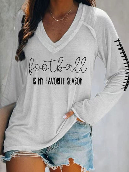 Women's Football Is My Favourite Season Printed V-neck T-shirt