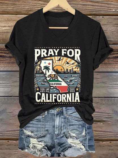 Women's Pray For California Printed V-Neck T-Shirt