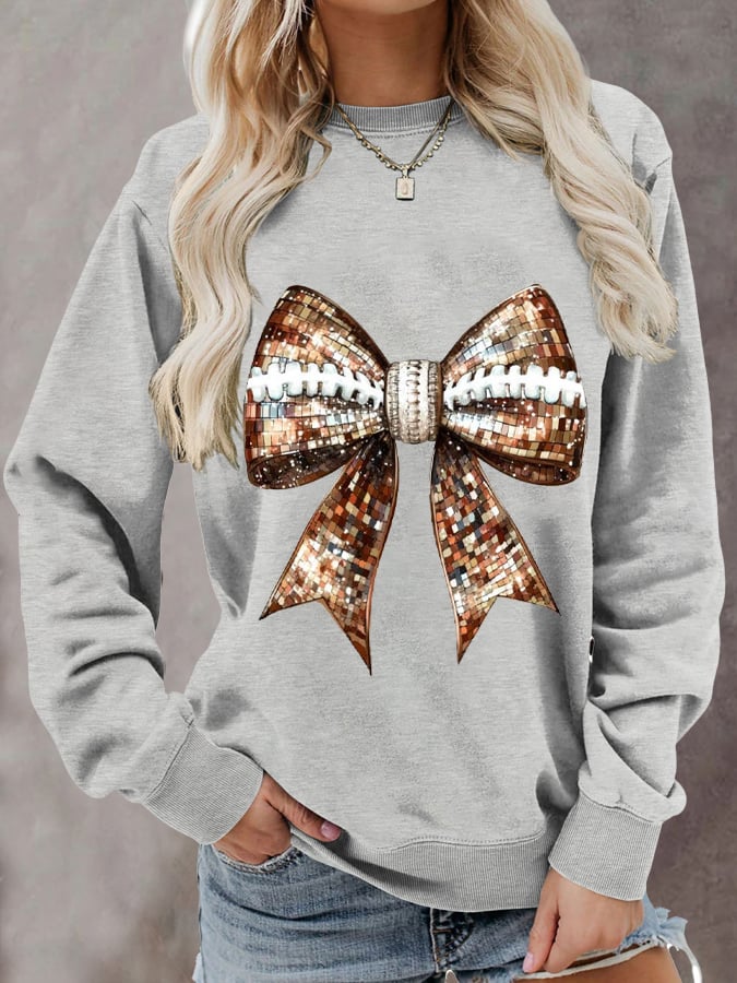 Women's Sequin Bow Rugby Print Casual Sweatshirt