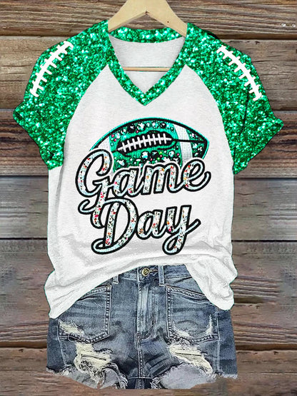 Women's Football Fans Gameday Glitter Print Casual V-Neck Tee