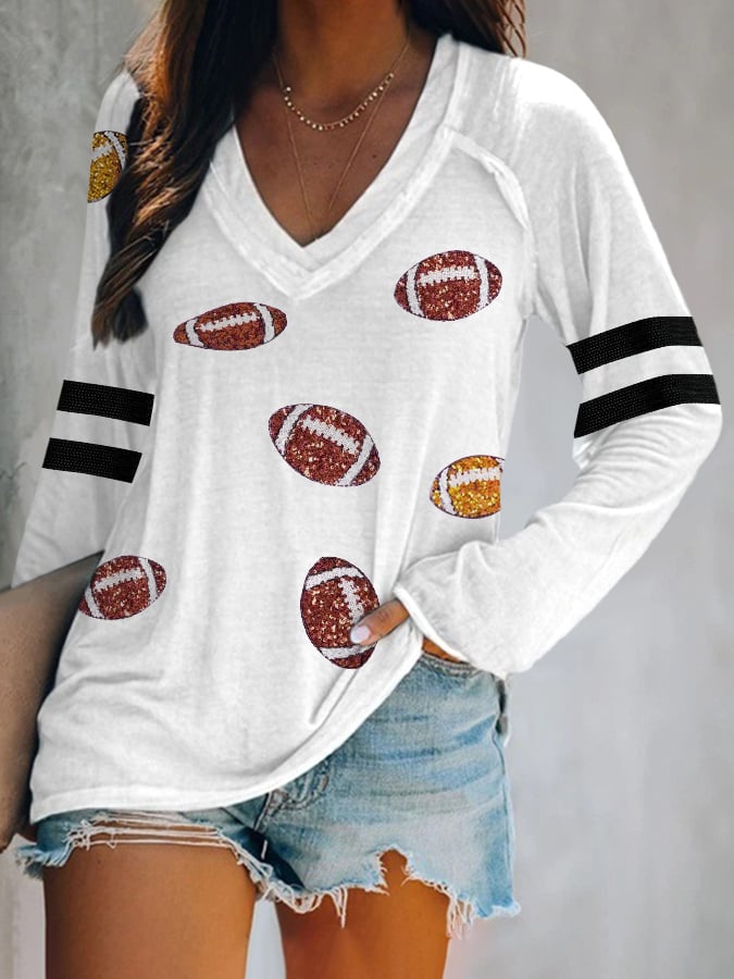 Women's Sequined Football Print V-Neck T-Shirt