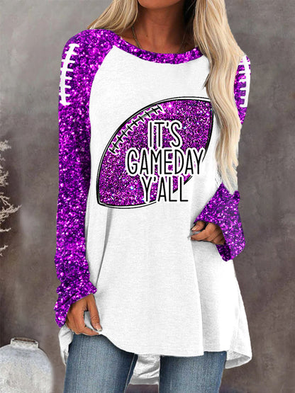 Women's Glitter Football Print Football Fans Gameday Casual Long-Sleeve Top