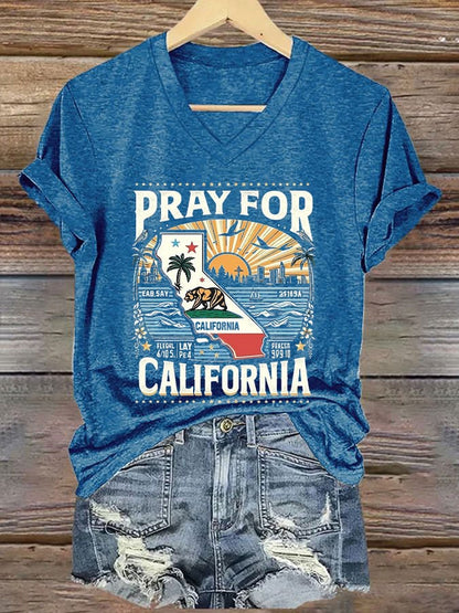 Women's Pray For California Printed V-Neck T-Shirt