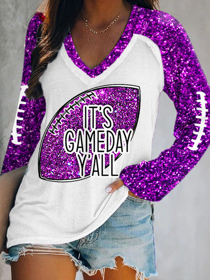 Women's It's Gameday Y'all Glitter Football Print Football Fans Casual Long-Sleeve Top