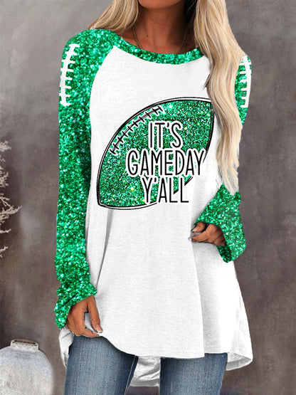 Women's Glitter Football Print Football Fans Gameday Casual Long-Sleeve Top