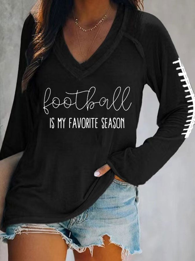 Women's Football Is My Favourite Season Printed V-neck T-shirt