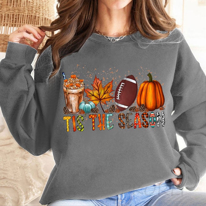 🔥Buy 2 Get 5% Off🔥Women's Football Tis The Season Pumpkin Maple Leaf Print Round Neck Sweatshirt