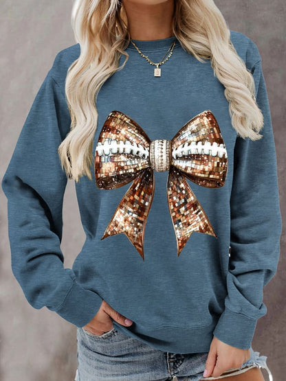 Women's Sequin Bow Rugby Print Casual Sweatshirt