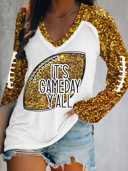 Women's It's Gameday Y'all Glitter Football Print Football Fans Casual Long-Sleeve Top