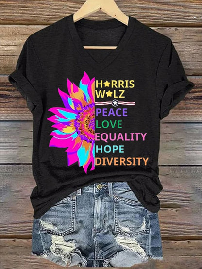 Women's Peace Love Equality Hope Diversity V-Neck Tee