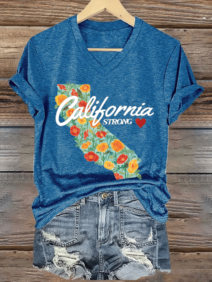 Women's California Strong Print V-Neck T-Shirt