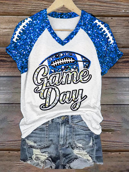 Women's Football Fans Gameday Glitter Print Casual V-Neck Tee