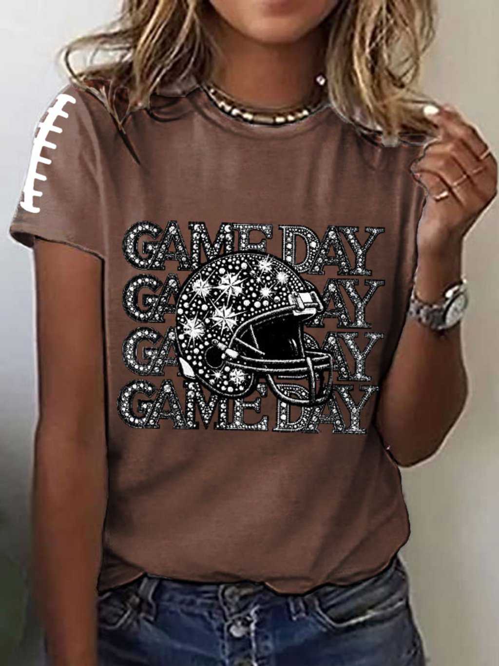 Women's Shiny Game Day Football Print T-Shirt