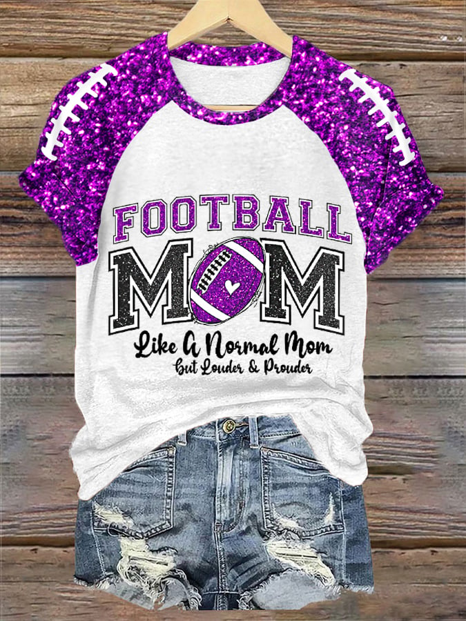 Women's Glitter Football Print Football Mom Gameday Casual Tee