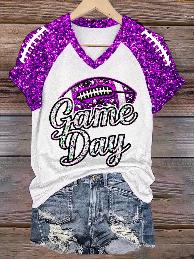 Women's Football Fans Gameday Glitter Print Casual V-Neck Tee