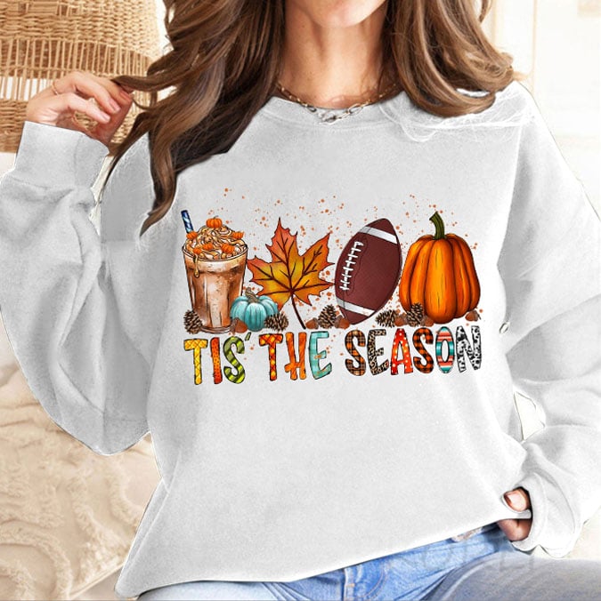 🔥Buy 2 Get 5% Off🔥Women's Football Tis The Season Pumpkin Maple Leaf Print Round Neck Sweatshirt