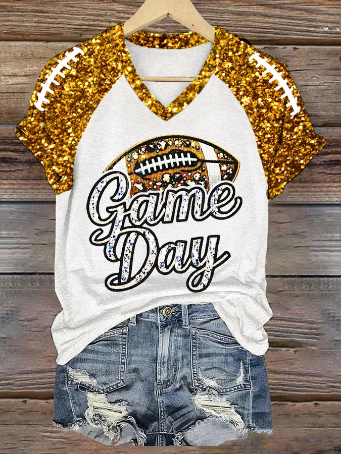 Women's Football Fans Gameday Glitter Print Casual V-Neck Tee