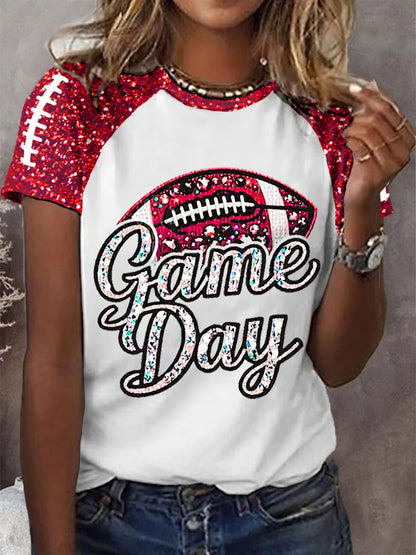 Women's Football Fans Gameday Glitter Print Casual Tee