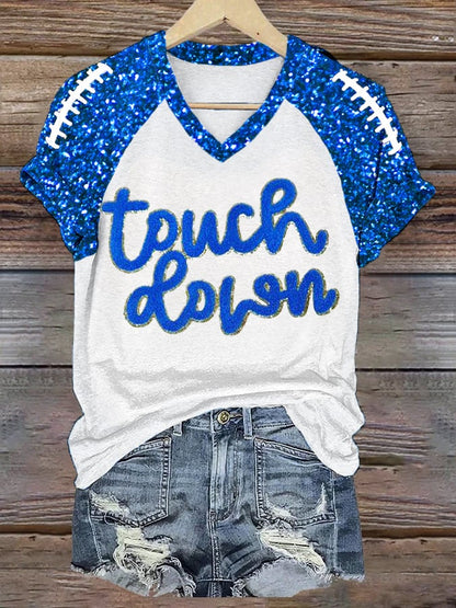 Women's Football Fans Gameday Touchdown Glitter Print Casual V-Neck Tee